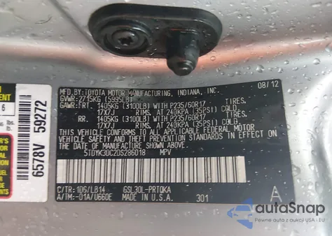 2013 Toyota Sienna Xle V6 8 Passenger from USA, damaged, VIN 5TDYK3DC2DS286018